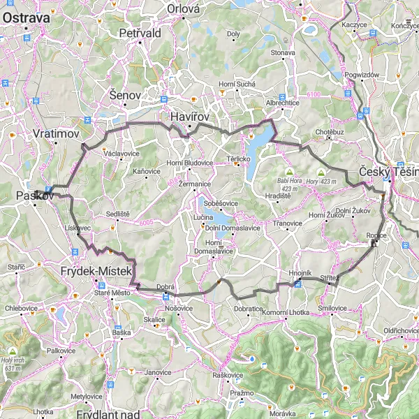 Mapa miniatúra "Cyklotrasa Paskov - Dobrá" cyklistická inšpirácia v Moravskoslezsko, Czech Republic. Vygenerované cyklistickým plánovačom trás Tarmacs.app