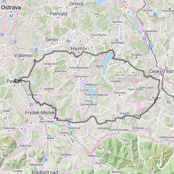 Map miniature of "Scenic Beauty Around Paskov" cycling inspiration in Moravskoslezsko, Czech Republic. Generated by Tarmacs.app cycling route planner