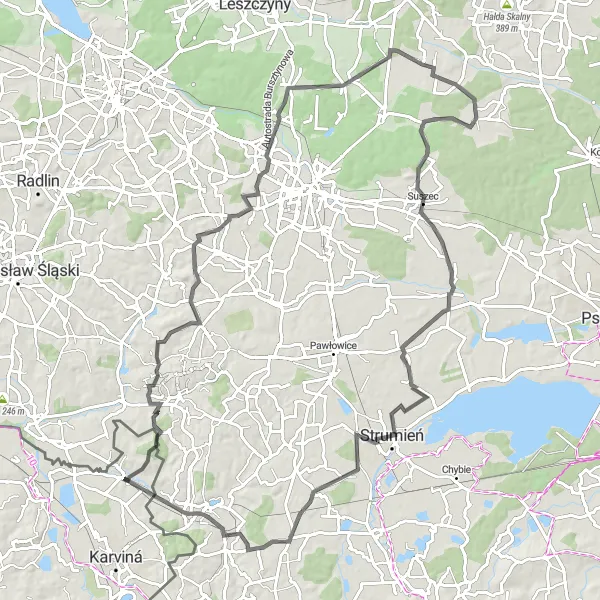 Map miniature of "Domestic Charm - Szczejkowice and Pruchna Circuit" cycling inspiration in Moravskoslezsko, Czech Republic. Generated by Tarmacs.app cycling route planner