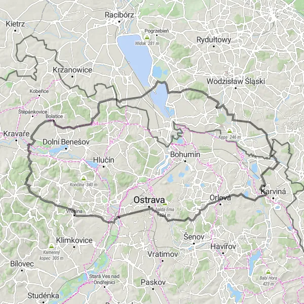 Map miniature of "Město and Bohuslavice Loop" cycling inspiration in Moravskoslezsko, Czech Republic. Generated by Tarmacs.app cycling route planner