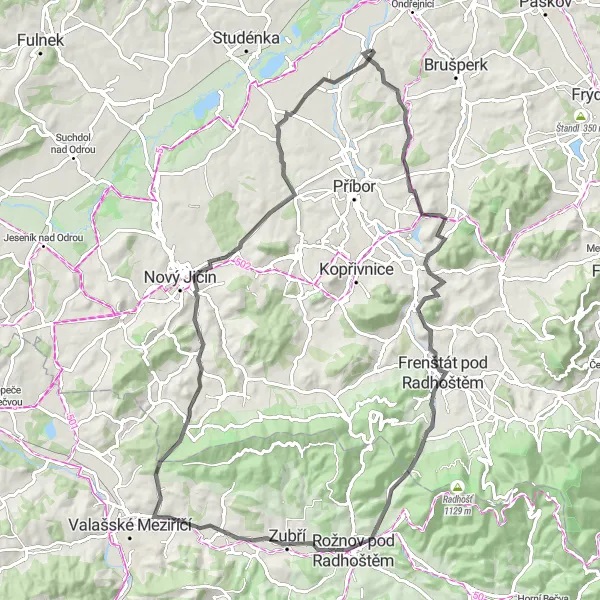 Mapa miniatúra "Road Trasa Výhledy a Příroda" cyklistická inšpirácia v Moravskoslezsko, Czech Republic. Vygenerované cyklistickým plánovačom trás Tarmacs.app