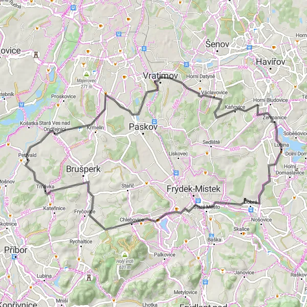 Miniaturní mapa "Cyklotrasa okolo Petřvaldu" inspirace pro cyklisty v oblasti Moravskoslezsko, Czech Republic. Vytvořeno pomocí plánovače tras Tarmacs.app