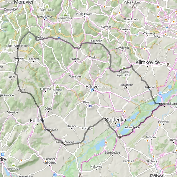 Map miniature of "Road Route with Thrilling Climbs" cycling inspiration in Moravskoslezsko, Czech Republic. Generated by Tarmacs.app cycling route planner