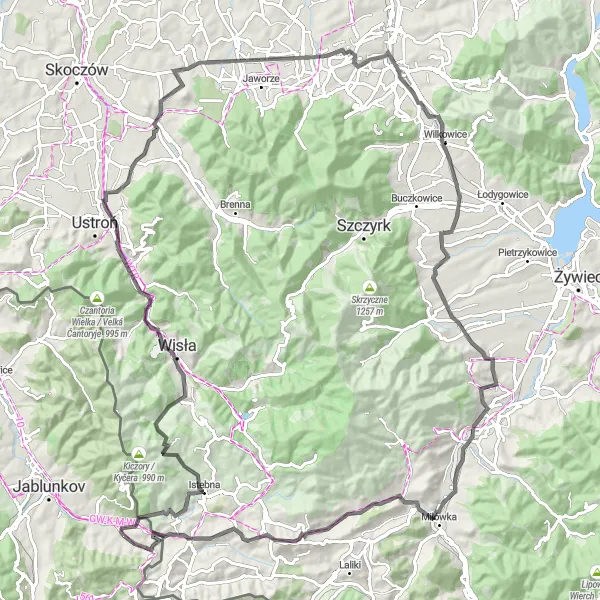 Mapa miniatúra "Z Kympy do Kocého zámku" cyklistická inšpirácia v Moravskoslezsko, Czech Republic. Vygenerované cyklistickým plánovačom trás Tarmacs.app