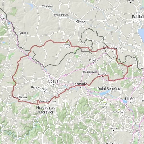 Map miniature of "Exploring Bohuslavice" cycling inspiration in Moravskoslezsko, Czech Republic. Generated by Tarmacs.app cycling route planner