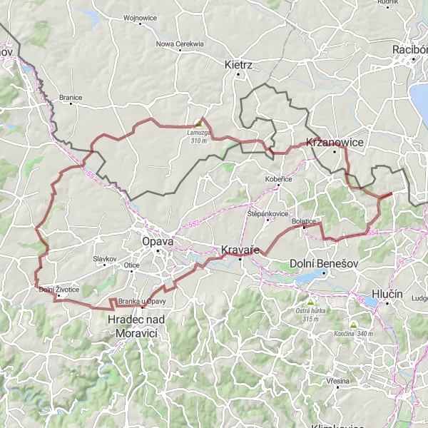 Mapa miniatúra "Cyklotúra na Píšťském" cyklistická inšpirácia v Moravskoslezsko, Czech Republic. Vygenerované cyklistickým plánovačom trás Tarmacs.app