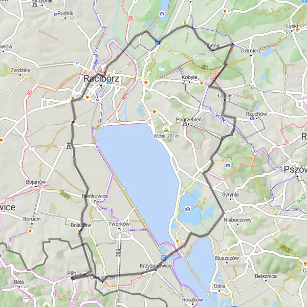 Map miniature of "Scenic Views of Owsiszcze" cycling inspiration in Moravskoslezsko, Czech Republic. Generated by Tarmacs.app cycling route planner