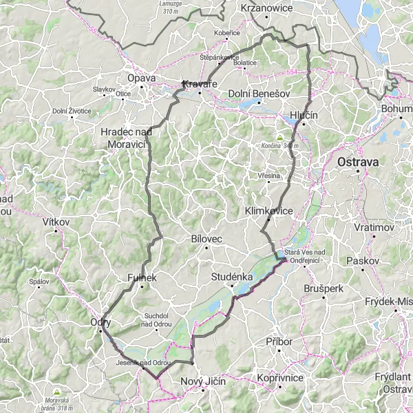 Mapa miniatúra "Výlet kolem vrchů" cyklistická inšpirácia v Moravskoslezsko, Czech Republic. Vygenerované cyklistickým plánovačom trás Tarmacs.app