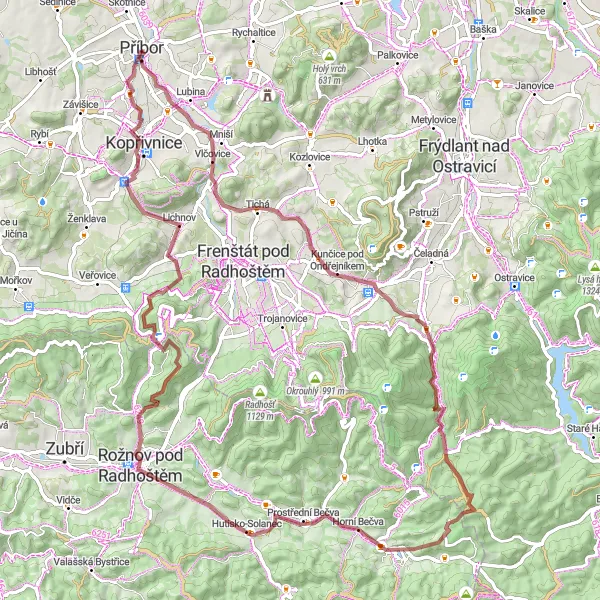 Map miniature of "Ondřejník Gravel Adventure" cycling inspiration in Moravskoslezsko, Czech Republic. Generated by Tarmacs.app cycling route planner