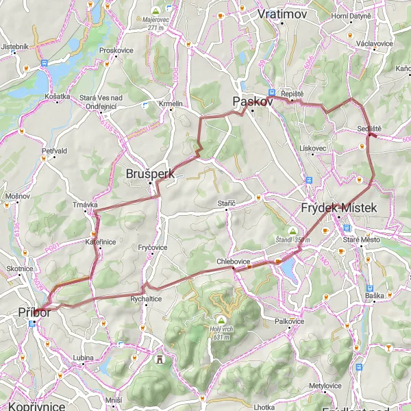 Miniaturní mapa "Gravel Okolo Příboru a Paskova" inspirace pro cyklisty v oblasti Moravskoslezsko, Czech Republic. Vytvořeno pomocí plánovače tras Tarmacs.app