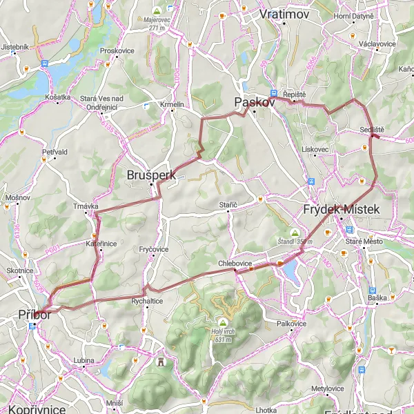 Map miniature of "Gravel Cycling Route Exploring Příbor" cycling inspiration in Moravskoslezsko, Czech Republic. Generated by Tarmacs.app cycling route planner