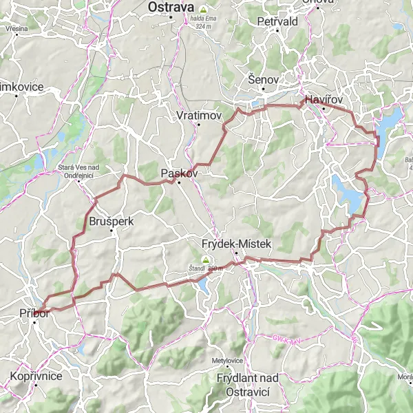 Map miniature of "Challenging Gravel Cycling Route near Příbor" cycling inspiration in Moravskoslezsko, Czech Republic. Generated by Tarmacs.app cycling route planner