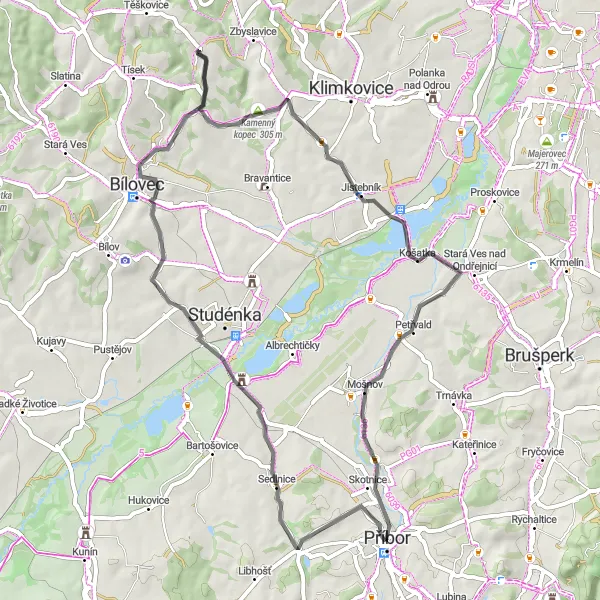 Karten-Miniaturansicht der Radinspiration "Kurze Fahrt mit vielen Sehenswürdigkeiten" in Moravskoslezsko, Czech Republic. Erstellt vom Tarmacs.app-Routenplaner für Radtouren