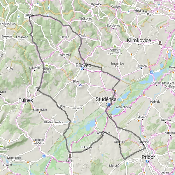 Map miniature of "Bartošovice Exploration" cycling inspiration in Moravskoslezsko, Czech Republic. Generated by Tarmacs.app cycling route planner