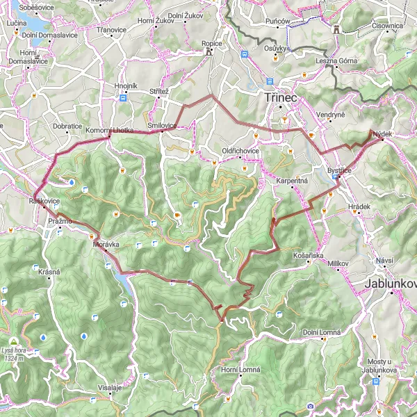 Map miniature of "The Pristine Nature Gravel Route" cycling inspiration in Moravskoslezsko, Czech Republic. Generated by Tarmacs.app cycling route planner