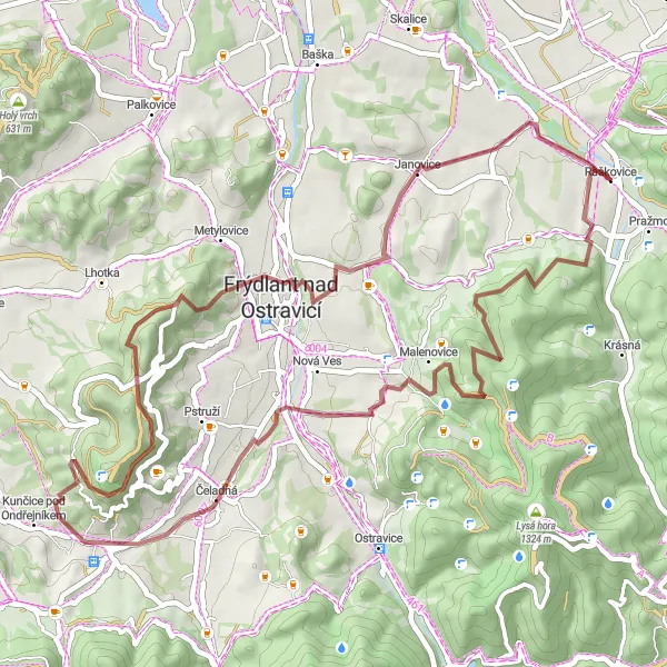 Miniaturní mapa "Cyklotrasa kolem Raškovic a Malenovic" inspirace pro cyklisty v oblasti Moravskoslezsko, Czech Republic. Vytvořeno pomocí plánovače tras Tarmacs.app