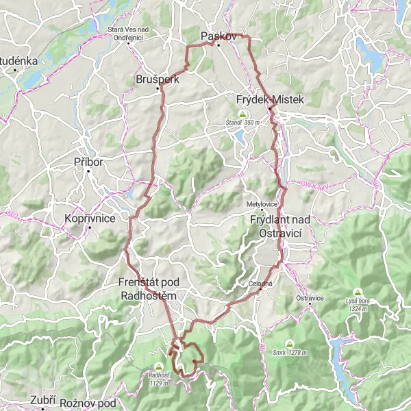 Karten-Miniaturansicht der Radinspiration "Abenteuerliche Graveltour" in Moravskoslezsko, Czech Republic. Erstellt vom Tarmacs.app-Routenplaner für Radtouren