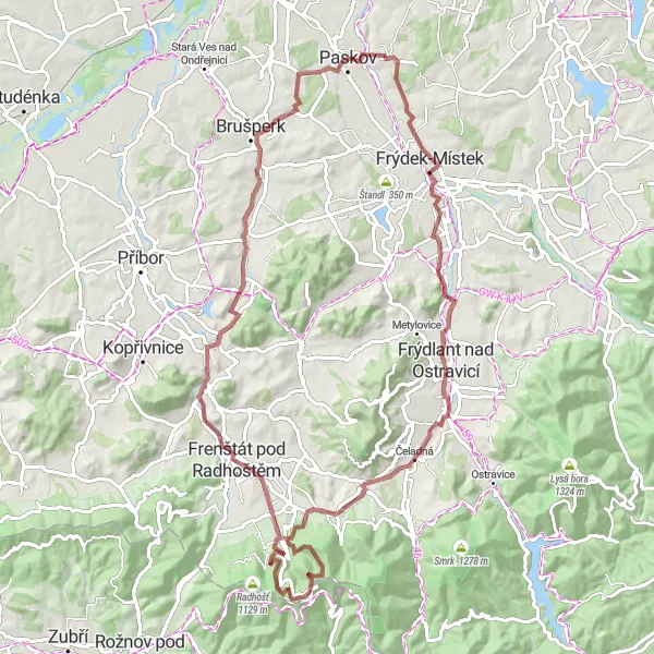 Mapa miniatúra "Cyklistická trasa Pržno Čeladná Okrouhlý Markův kopec Vlčovice Fryčovice Paskov" cyklistická inšpirácia v Moravskoslezsko, Czech Republic. Vygenerované cyklistickým plánovačom trás Tarmacs.app