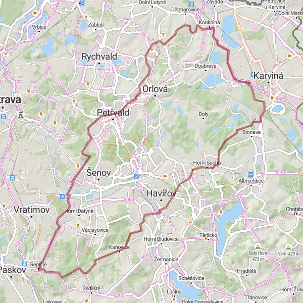 Miniaturní mapa "Zážitkový okruh kolem Petřvaldu a Koukolné" inspirace pro cyklisty v oblasti Moravskoslezsko, Czech Republic. Vytvořeno pomocí plánovače tras Tarmacs.app