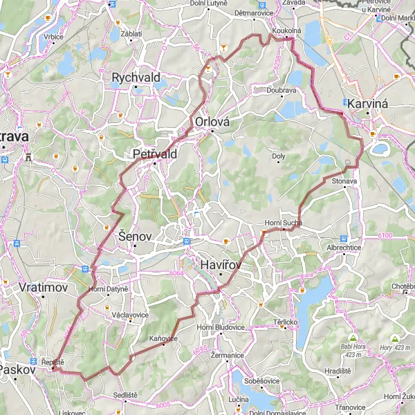 Mapa miniatúra "Cyklistická trasa Petřvald Koukolná Horní Suchá Kaňovice Kouty" cyklistická inšpirácia v Moravskoslezsko, Czech Republic. Vygenerované cyklistickým plánovačom trás Tarmacs.app