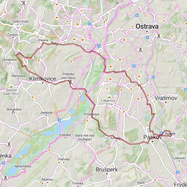 Mapa miniatúra "Gravelová trasa od Paskova do Řepiště" cyklistická inšpirácia v Moravskoslezsko, Czech Republic. Vygenerované cyklistickým plánovačom trás Tarmacs.app