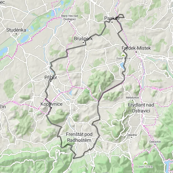 Mapa miniatúra "Cycling Adventure through Sviadnov and Příbor" cyklistická inšpirácia v Moravskoslezsko, Czech Republic. Vygenerované cyklistickým plánovačom trás Tarmacs.app