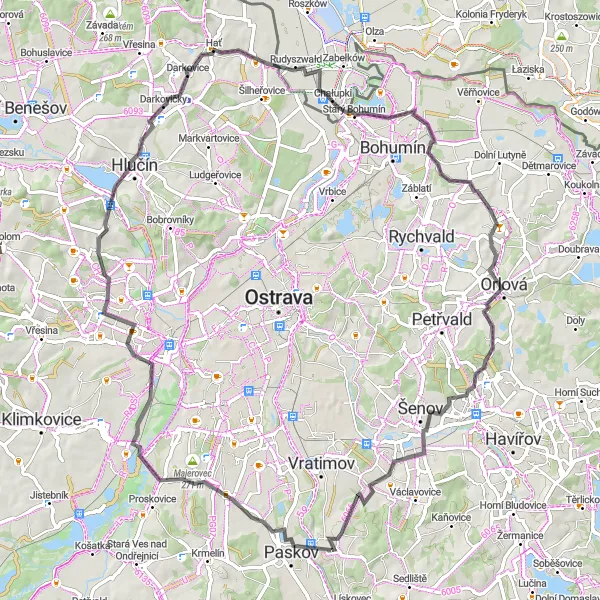 Mapa miniatúra "Cyklistická trasa Stará Bělá ptačí pozorovatelna Vinná hora Darkovičky Skřečoň Horní Datyně" cyklistická inšpirácia v Moravskoslezsko, Czech Republic. Vygenerované cyklistickým plánovačom trás Tarmacs.app