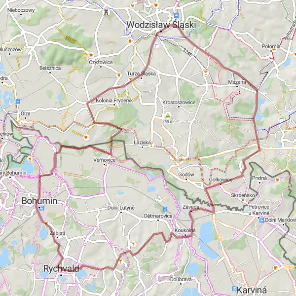 Miniaturní mapa "Gravel Trasa kolem Rychvaldu a Bohumína" inspirace pro cyklisty v oblasti Moravskoslezsko, Czech Republic. Vytvořeno pomocí plánovače tras Tarmacs.app