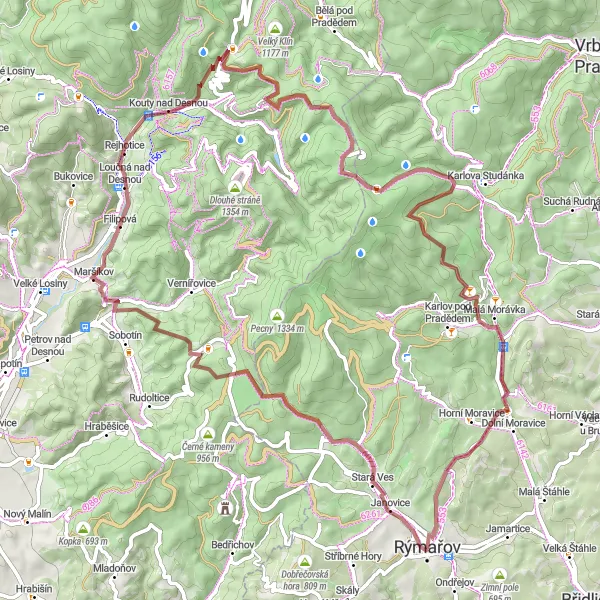 Miniaturní mapa "Okruh do okolí Rýmařova - štěrk" inspirace pro cyklisty v oblasti Moravskoslezsko, Czech Republic. Vytvořeno pomocí plánovače tras Tarmacs.app