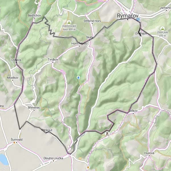 Miniaturní mapa "Okolím Rýmařova - Road" inspirace pro cyklisty v oblasti Moravskoslezsko, Czech Republic. Vytvořeno pomocí plánovače tras Tarmacs.app