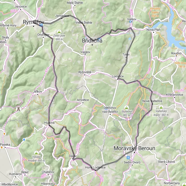 Miniaturní mapa "Cyklotrasa Jamartice - Ondřejov" inspirace pro cyklisty v oblasti Moravskoslezsko, Czech Republic. Vytvořeno pomocí plánovače tras Tarmacs.app
