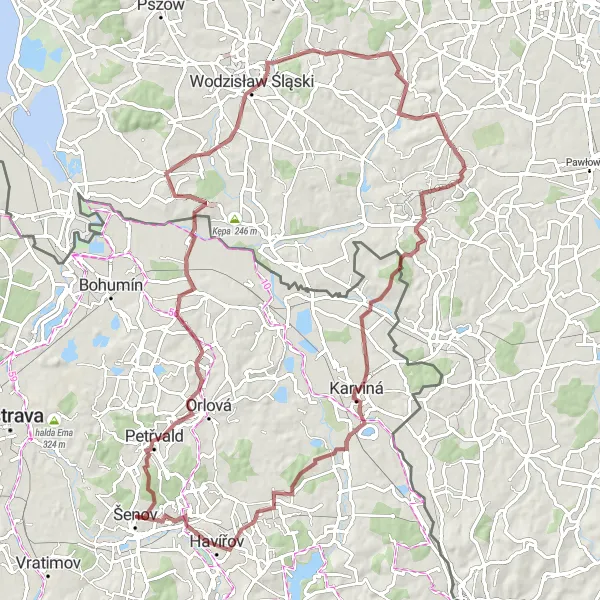 Miniaturní mapa "Gravelové dobrodružství" inspirace pro cyklisty v oblasti Moravskoslezsko, Czech Republic. Vytvořeno pomocí plánovače tras Tarmacs.app