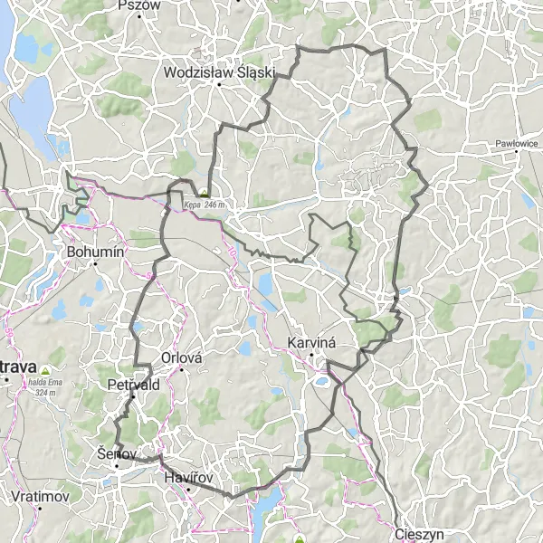 Mapa miniatúra "Okružná cyklistická trasa cez Šenov" cyklistická inšpirácia v Moravskoslezsko, Czech Republic. Vygenerované cyklistickým plánovačom trás Tarmacs.app