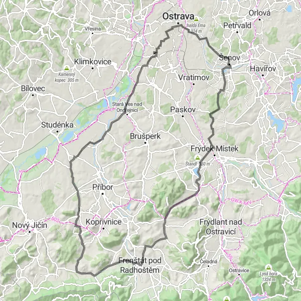 Map miniature of "Frýdek-Místek Tour" cycling inspiration in Moravskoslezsko, Czech Republic. Generated by Tarmacs.app cycling route planner