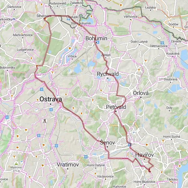 Map miniature of "Breathtaking Gravel Experience near Šilheřovice" cycling inspiration in Moravskoslezsko, Czech Republic. Generated by Tarmacs.app cycling route planner
