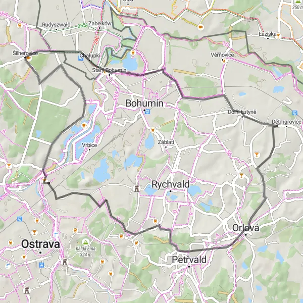 Miniaturní mapa "Podél slezského pomezí" inspirace pro cyklisty v oblasti Moravskoslezsko, Czech Republic. Vytvořeno pomocí plánovače tras Tarmacs.app