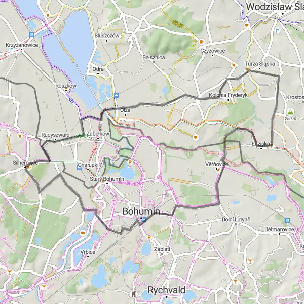 Map miniature of "Scenic Road Tour around Šilheřovice" cycling inspiration in Moravskoslezsko, Czech Republic. Generated by Tarmacs.app cycling route planner