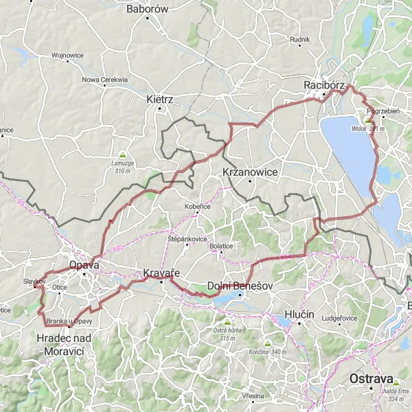 Map miniature of "Opava Gravel Adventure" cycling inspiration in Moravskoslezsko, Czech Republic. Generated by Tarmacs.app cycling route planner