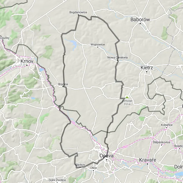 Miniaturní mapa "Kolem Opavy a Suché Psiny" inspirace pro cyklisty v oblasti Moravskoslezsko, Czech Republic. Vytvořeno pomocí plánovače tras Tarmacs.app