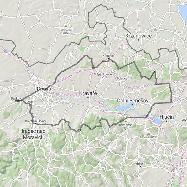 Miniaturní mapa "Koleckem kolem Branky u Opavy" inspirace pro cyklisty v oblasti Moravskoslezsko, Czech Republic. Vytvořeno pomocí plánovače tras Tarmacs.app