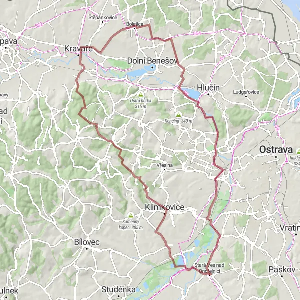 Miniaturní mapa "Okružní cyklotrasa od Staré Vsi nad Ondřejnicí" inspirace pro cyklisty v oblasti Moravskoslezsko, Czech Republic. Vytvořeno pomocí plánovače tras Tarmacs.app