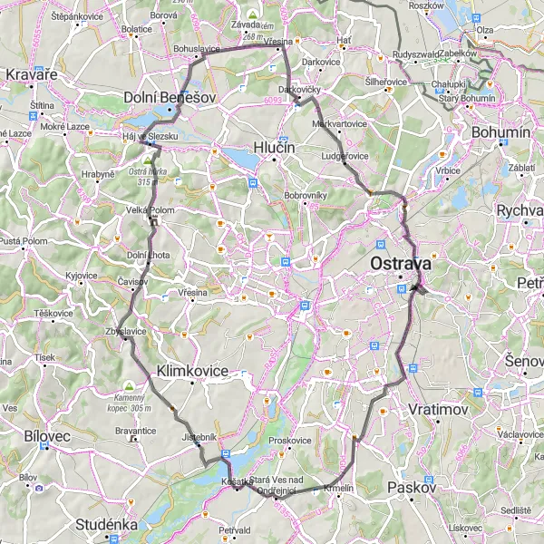 Map miniature of "Discover the Beauty of Moravskoslezsko on Road" cycling inspiration in Moravskoslezsko, Czech Republic. Generated by Tarmacs.app cycling route planner