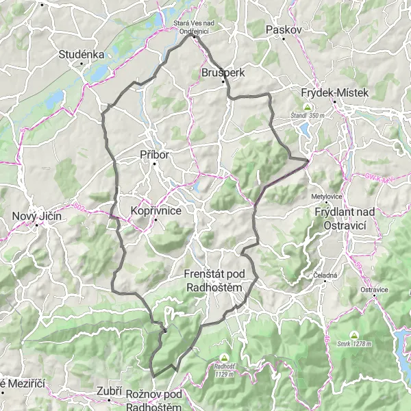 Map miniature of "Ostružná Loop Road Cycling Route" cycling inspiration in Moravskoslezsko, Czech Republic. Generated by Tarmacs.app cycling route planner