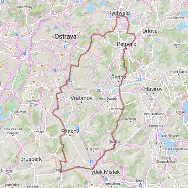 Miniaturní mapa "Gravelová cyklotrasa okolo Staříče" inspirace pro cyklisty v oblasti Moravskoslezsko, Czech Republic. Vytvořeno pomocí plánovače tras Tarmacs.app