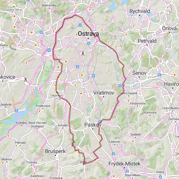 Map miniature of "Slezskoostravský Gravel Loop" cycling inspiration in Moravskoslezsko, Czech Republic. Generated by Tarmacs.app cycling route planner