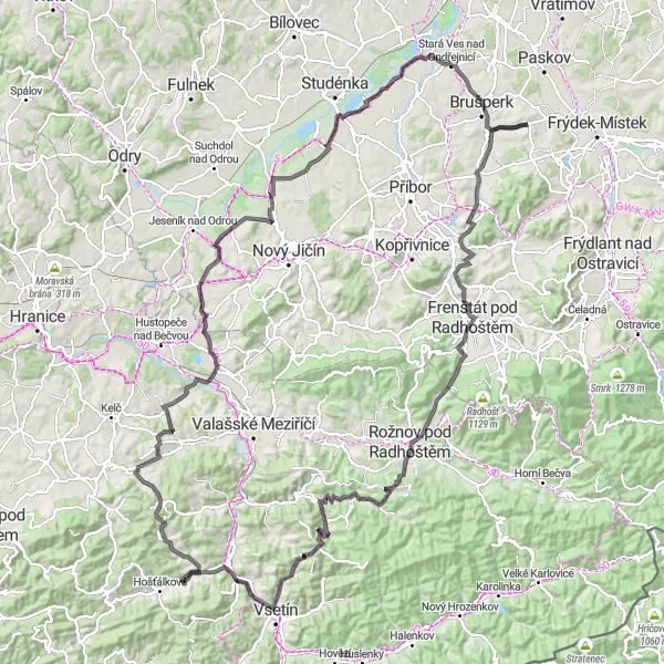 Map miniature of "Valašská Bystřice Road Grand Tour" cycling inspiration in Moravskoslezsko, Czech Republic. Generated by Tarmacs.app cycling route planner