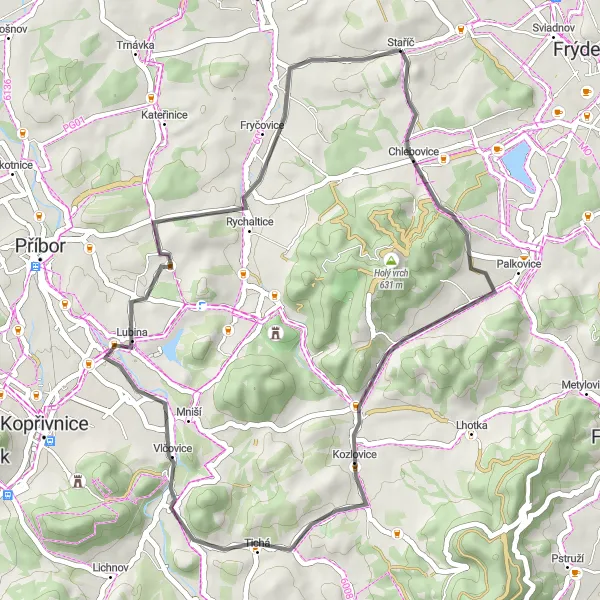 Miniaturní mapa "Trasa kolem Moravskoslezsko" inspirace pro cyklisty v oblasti Moravskoslezsko, Czech Republic. Vytvořeno pomocí plánovače tras Tarmacs.app