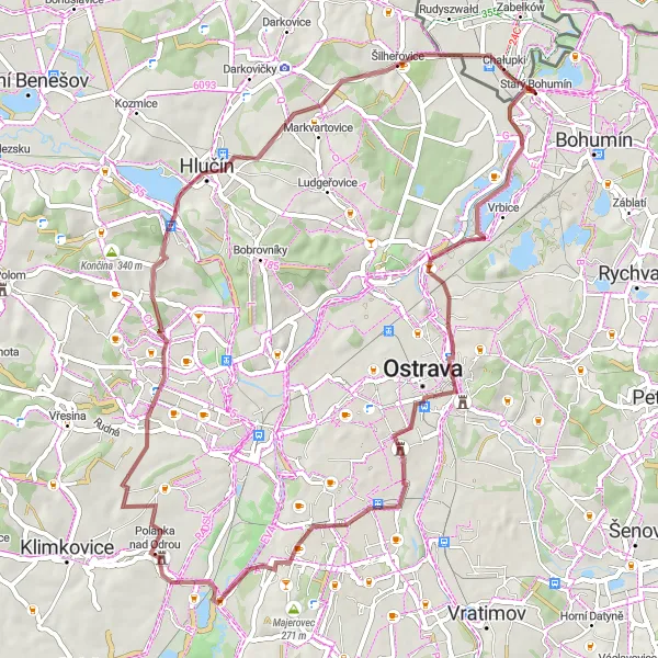 Miniaturní mapa "Gravelová cesta k Polance nad Odrou" inspirace pro cyklisty v oblasti Moravskoslezsko, Czech Republic. Vytvořeno pomocí plánovače tras Tarmacs.app