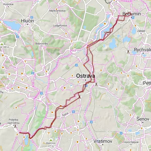 Mapa miniatúra "Gravel Route to Slezská Ostrava" cyklistická inšpirácia v Moravskoslezsko, Czech Republic. Vygenerované cyklistickým plánovačom trás Tarmacs.app