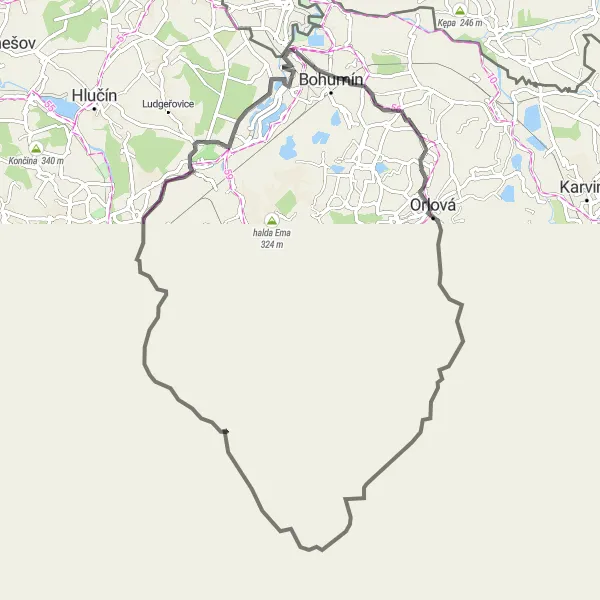 Miniaturní mapa "Výlet po okolí Skřečoně a okolí" inspirace pro cyklisty v oblasti Moravskoslezsko, Czech Republic. Vytvořeno pomocí plánovače tras Tarmacs.app